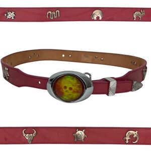 Vintage Red Leather Belt Animal Studs & Custom Skull Buckle Western Biker